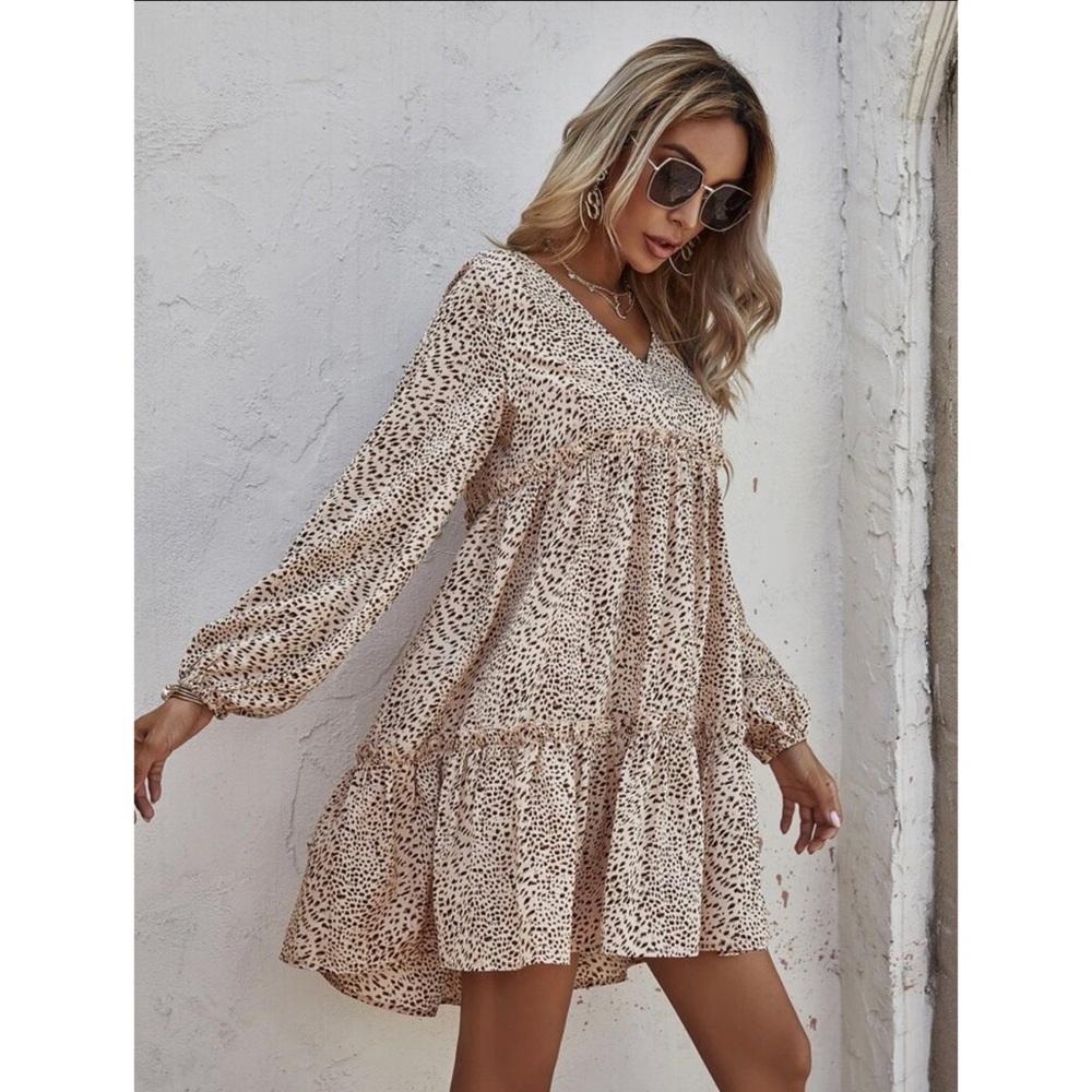 Dalmatian Print Frill Trim Chiffon Smock Dress in Apricot (L-8/10) - Picture 6 of 12